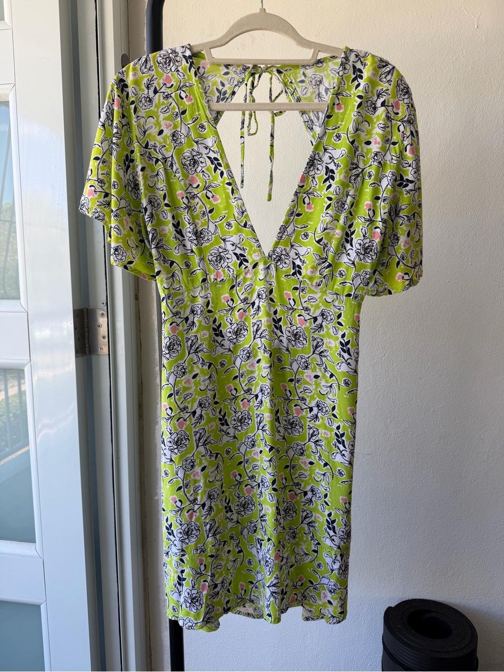 Lime Floral V-Neck Mini Dress with Tie Back